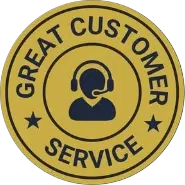 Gold circular badge featuring customer service representative icon with "great customer service" text